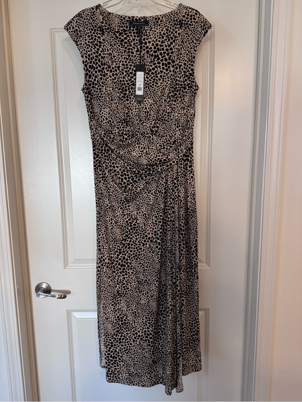 NWT BCBG Maxazria Wrapped Tan Leopard-Print Cap-Sleeve Midi Dress
